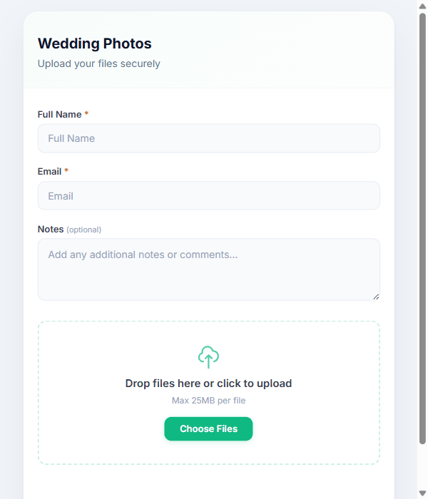 Upload widget in action — fill form, drop files, done